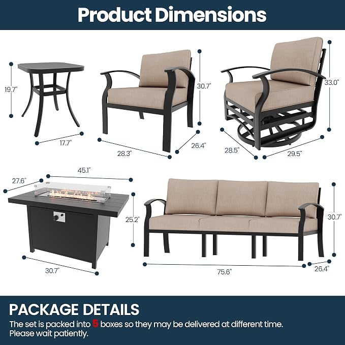 Aluminum Outdoor Patio Furniture Set,7 Seats Patio Conversation Sets with 45" Propane Fire Pit Table,Metal Patio Sectional Furniture Set with 2 Swivel Rocking Chairs,Sand
