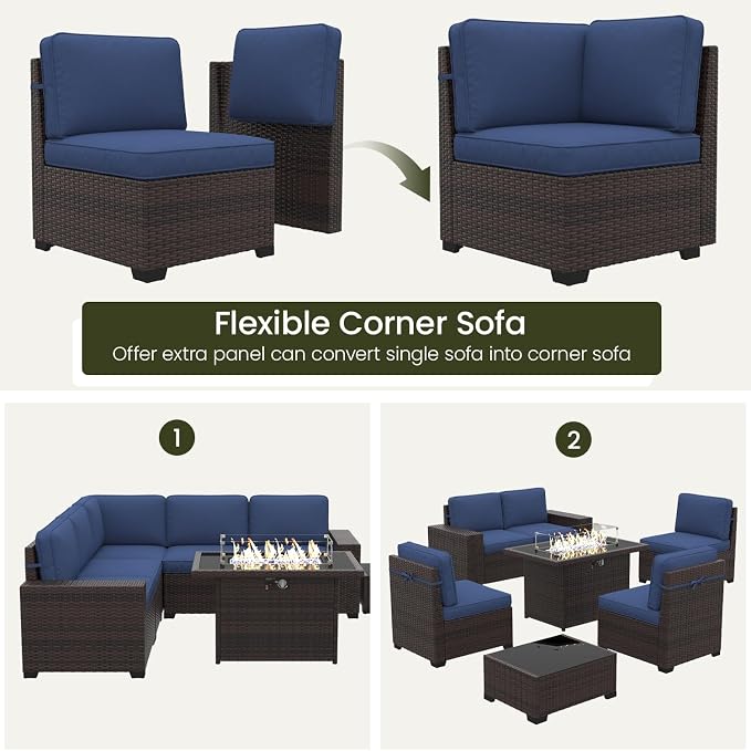 LayinSun 13 Pieces Outdoor Patio Furniture Set with 44" Fire Pit Table Brown Rattan Sectional Sofa Conversation Sets