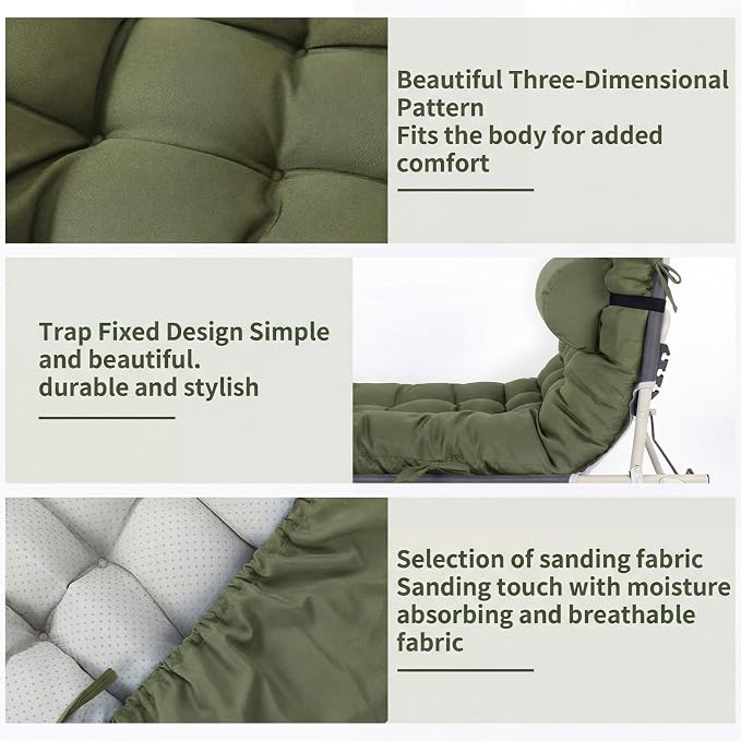 Tudomro Outdoor Chaise Lounge Cushion 66x21x4'' Waterproof & Fade-Resistant Patio Pool Chaise Lounge Cushion Headrest Pillow Tie Replacement Rocking High Back Chair(Olive Green,1 Pcs)