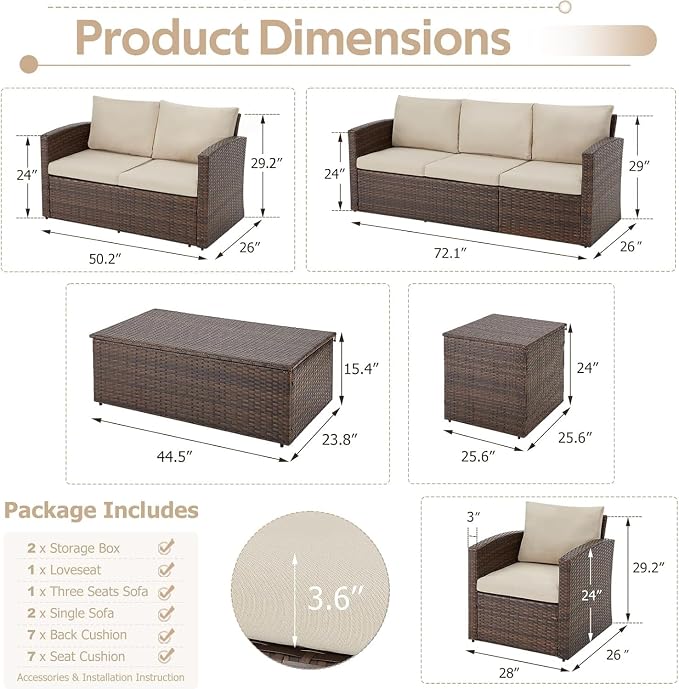Outdoor Patio Furniture 7 Piece Set with Two Storage Boxes, All-Weather PE Rattan Sectional Sofa Conversation Set with Cover for Backyard Garden Deck