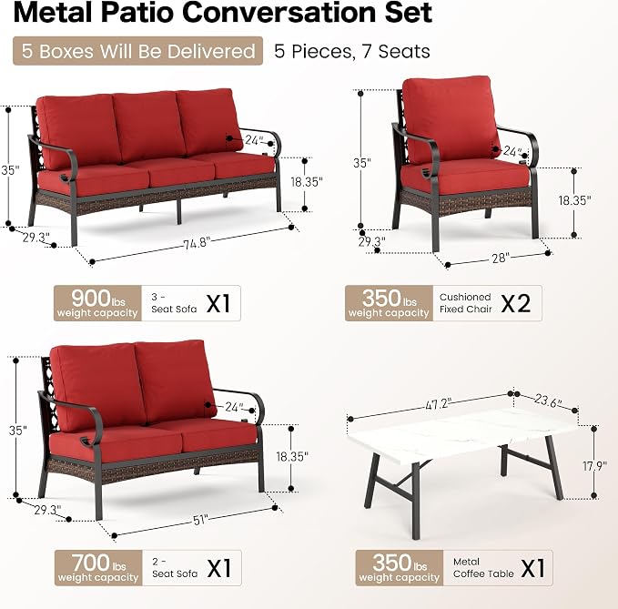 SUNSHINE VALLEY 5 Piece Metal Outdoor Patio Furniture Set, Patio Conversation Sets with 3-Seater Sofa, Loveseat, 2 Fixed Sofa (5.75" Thick Cushion) & Coffee Table Black Backyard Furniture, Rust Red