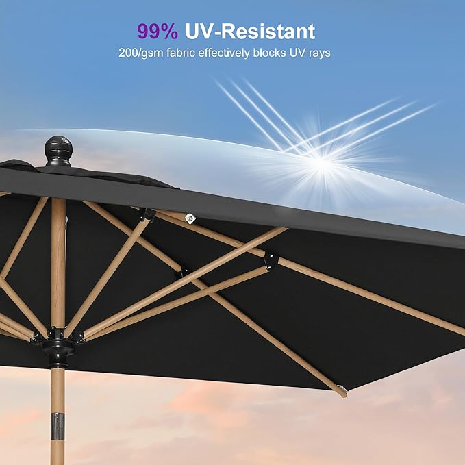PURPLE LEAF 6' x 9' Patio Umbrella with Base Market Umbrella Rectangular Outdoor Umbrella with Push Button Tilt & Crank and 8 Ribs Aluminum Table Umbrella for Pool Backyard Beach, Black