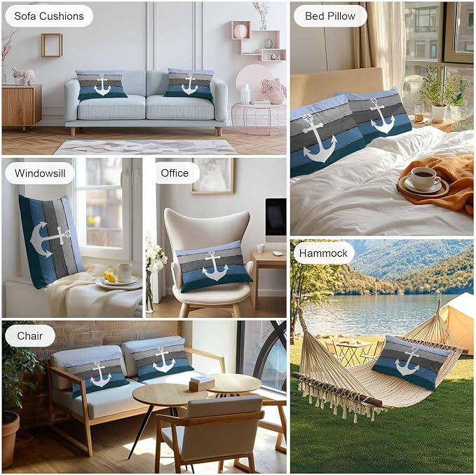 Chucoco Outdoor Waterproof Throw Pillow Cover Nautical White Anchor Decorative Pillows Cushion Covers Vintage Blue Grey Farm Wood Plank 2 Pack Pillow Cases for Patio Garden Balcony Couch Sofa 20x20In