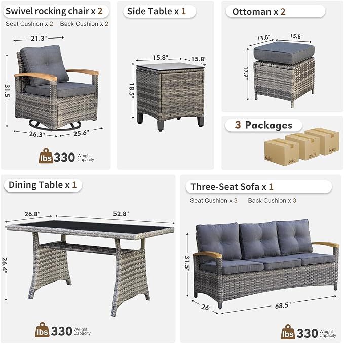 MEISSALIVVE 7 Pieces Patio Furniture Sets, PE Wicker Outdoor Conversation Sets with 2 Wood Armrests Swivel Rocker Chairs, 2 Ottomans, 3-seat Sofa and Dining Table (Grey)