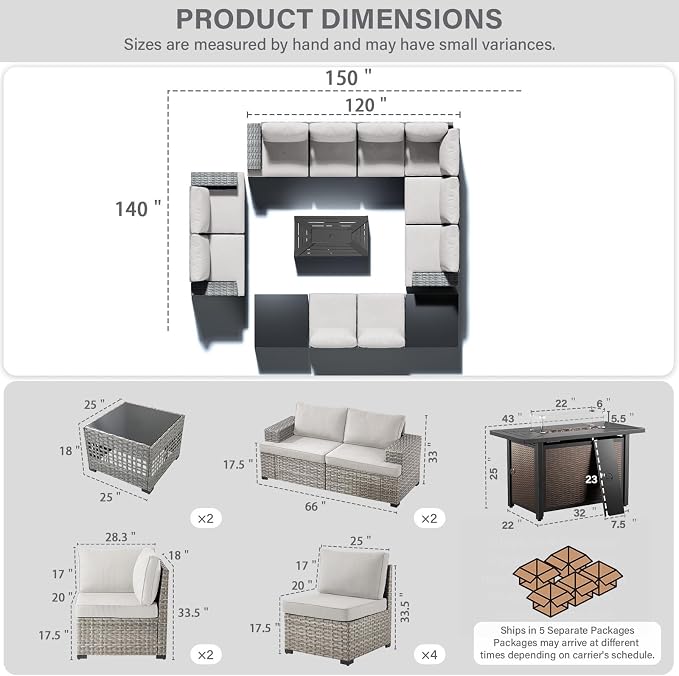 13 Piece Patio Furniture Set with 43" Propane Fire Pit Table, 10-Seater Modular Wicker Sectional Sofa with Swivel Rocker Patio Chairs for Deck Backyard or Outdoor Gatherings