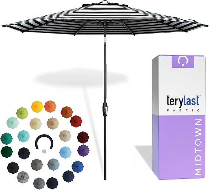 The Swilt 10 Feet Outdoor Umbrella With Terylast Zebra (Black/White Stripes) Polyester Fabric - Fiberglass Ribs, Auto-Tilt And Swivel Aluminum Frame Patio Umbrella For Deck, Garden, Pool - Black Pole