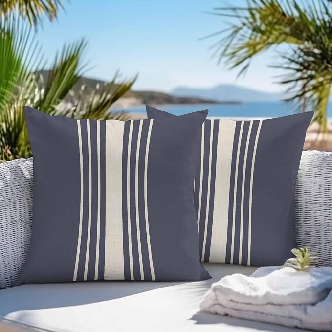 Vandarllin Outdoor Throw Pillows Covers 20x20 inch Set of 2 Waterproof Blue Vertical Stripes Decorative Zippered Cushion Covers for Patio Furniture, Classic Striped Linen Lumbar Pillowcases