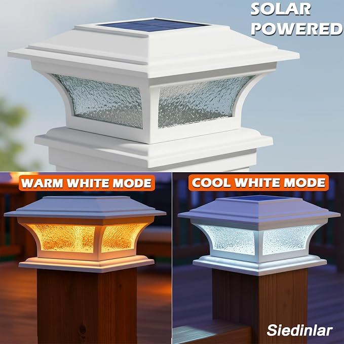 SIEDiNLAR Solar Post Lights Outdoor Glass LED Fence Cap Light 2 Modes for 4x4 5x5 6x6 Posts Patio Deck Garden Decoration Warm White/Cool White Lighting White (2 Pack)