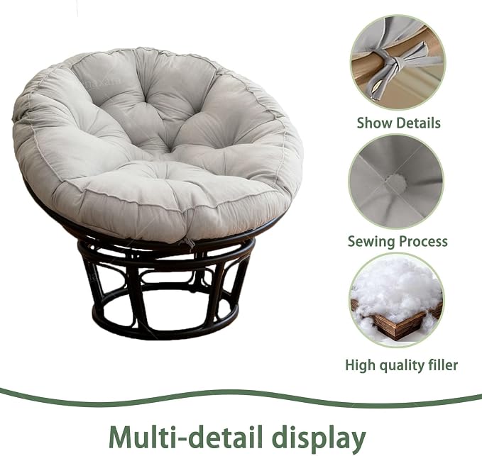 Papasan Cushion, 52 inch Papasan Chair Cushion, Thickened Padded Round Papasan Cushion (Grey) | Thickened Papasan Cushion, Indoor Papasan Chair Cushion (Without Chair), with Ties, Grey