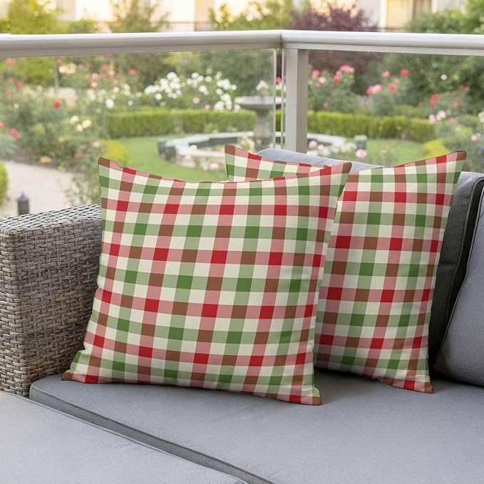 Outdoor Throw Pillow Covers,Vintage Pastoral Red Green Buffalo Gingham Waterproof Decorative Pillowcases Cushion Cover Christmas Plaid Pillow Cases for Patio Couch Sofa Bed,18x18in Set of 2