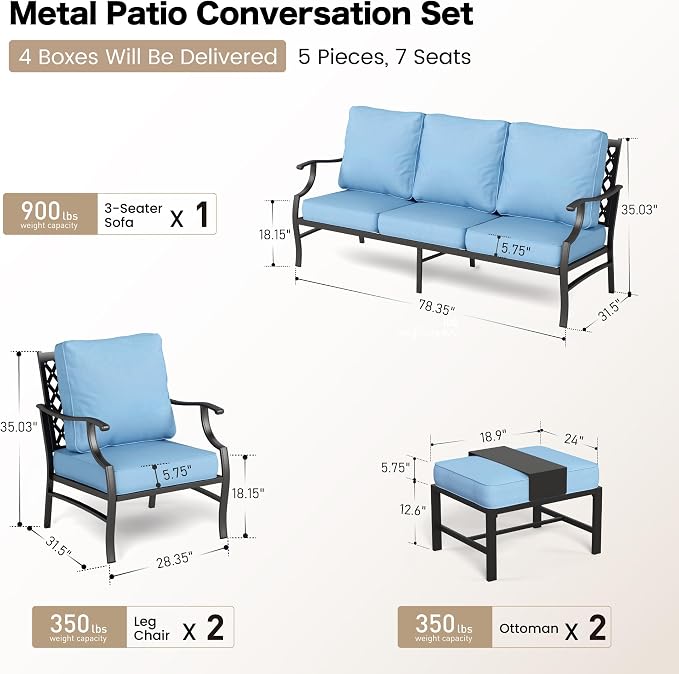 SUNSHINE VALLEY 5 Piece Metal Outdoor Patio Furniture Set, Patio Conversation Sets 1 3-seater Sofa, 2 Fixed Chair, 2 Ottomans with 5.75" Thick Cushion, Black All-weather Frame Backyard Furniture, Blue