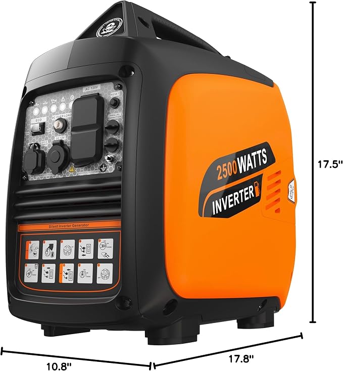 2500W Portable Inverter Generator, Super Quiet Long Runtime Gas Generator for Home Use, with CO Sensor, Parallel Capable, for Camping, RV, Tailgating, Emergency Backup, EPA Compliant (Orange)