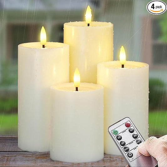 Yeelida Outdoor 4pcs Flameless Waterproof Candles with Handy Remote Control, Cycle Timer Battery Operated Candle Grease Effect LED Flickering Pillar Plastic Long Lasting (Ivory, 3" x4" 5" 6" 7")