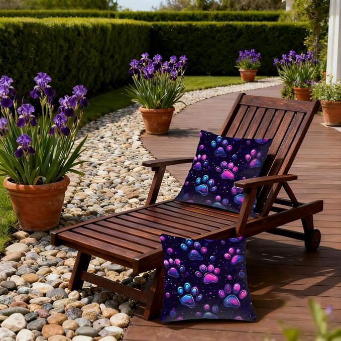 18x18 Inch Outdoor Pillow Covers Set of 2 Waterproof Throw Pillow Covers Decorative Couch Cushion Covers Neon Glowing Cat Paw Square Pillowcases Protectors for Patio Garden Sofa
