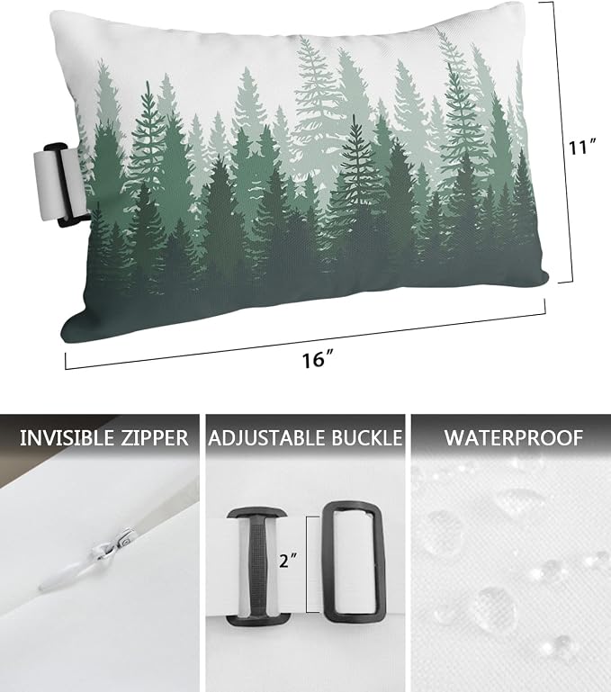 Outdoor Pillows Covers with Inserts Forest Tree Silhouette Green Abstract Gradient Waterproof Pillow with Adjustable Strap Throw Pillows for Patio Furniture Recliner Lounge Chair, 11x16 inch, 2PCS