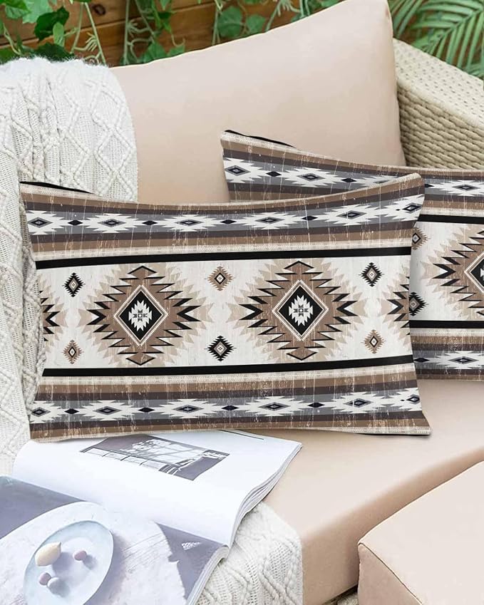 Outdoor Waterproof Throw Pillow Covers Set of 2 Brown Grey Boho Aztec Lumbar Pillowcases 20x12 Inches Southwest Tribal Geometric Decorative Pillows Cushion Case Patio Pillows for Couch Bed Garden