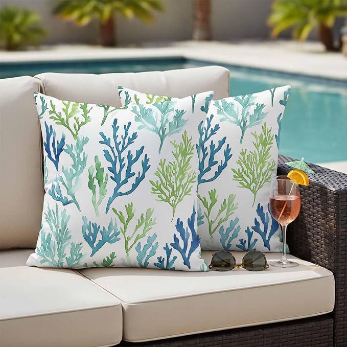 Ocean Teal Outdoor Waterproof Throw Pillow Covers Set of 2, 24"x24", Blue Green Coral Underwater Garden Coastal Decorative Pillow Covers Outside Cushion Case for Patio Porch Garden