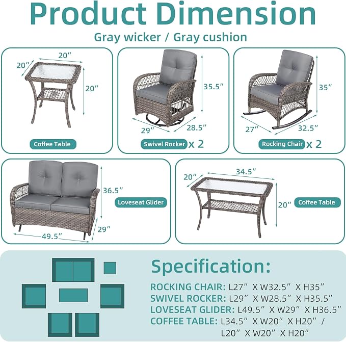 MEETWARM 7 Pieces Outdoor Patio Rattan Furniture Sets, All Weather Patio Wicker Conversation Set- 2 Rocking Chairs, 2 Swivel Chairs, 1 Loveseat Glider w/Cushions, 2 Glass-Top Coffee Table, Gray