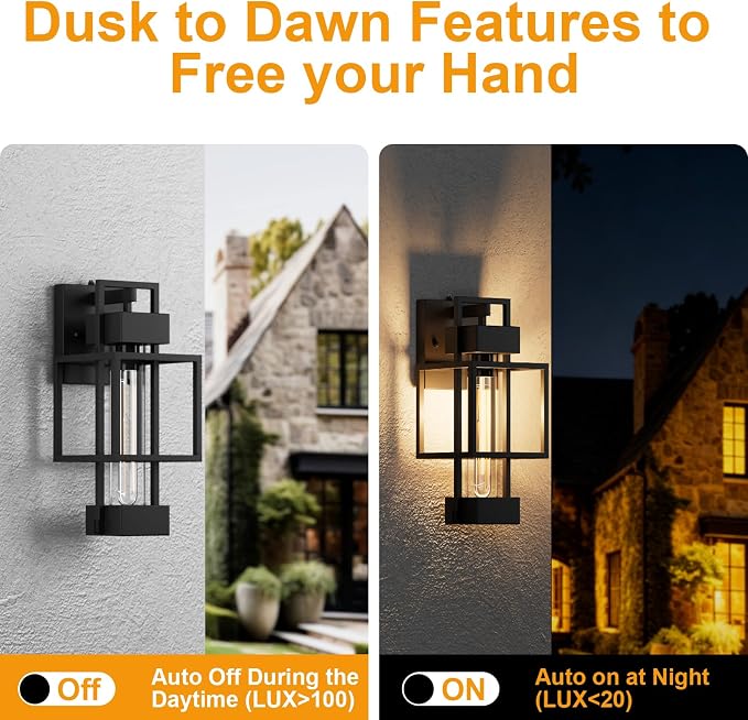 Hotsonic 2 Pack Dusk to Dawn Outdoor Exterior Lighting Fixtures Wall Mount, 15'' Dimmable Porch Lights for Outside, Waterproof Wall Lantern Lamps, Black Sconce Coach Lights for House, Garage