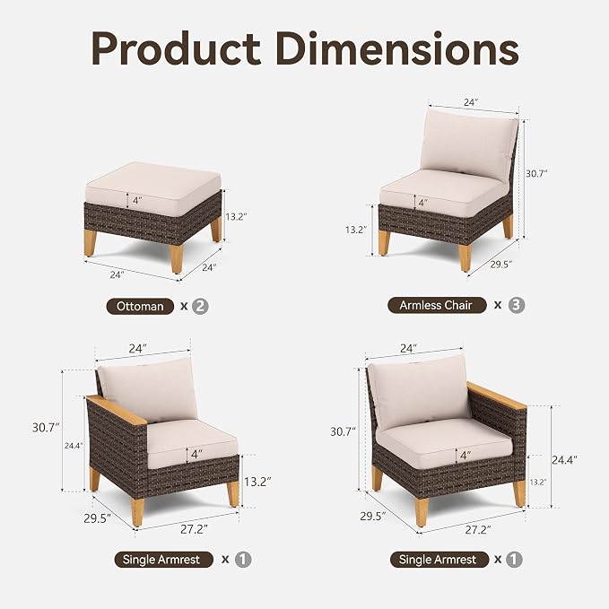 GREEN PARTY 7 Pieces Wicker Patio Furniture Set, All-Weather Outdoor Rattan Patio Sectional Sofa Conversation Set with 4" Thick Cushions for Garden, Backyard, 2 x Ottomans