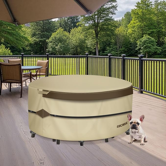 RICHIE Outdoor Patio Furniture Cover - Heavy Duty Waterproof 600D Tough Canvas Protector for Round Table Cover, All-Season Dining Table and Chair Cover (110"DIAx28"H)
