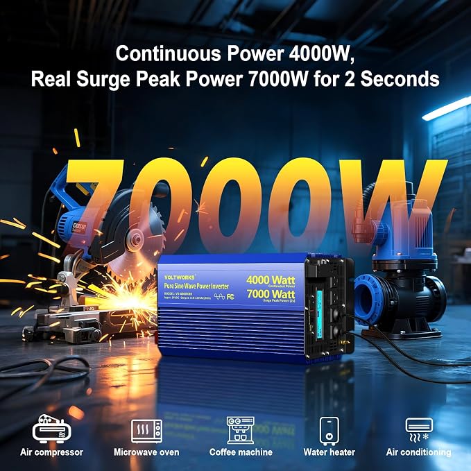 4000W Pure Sine Wave Inverter 24V DC to 110V 120V Power Inverter 7000W Surge Peak Power for 2S, FCC Approved, 4AC Outlets, Fast Charging USB, LCD Display, Wireless Remote for RV Off-Grid Solar Car