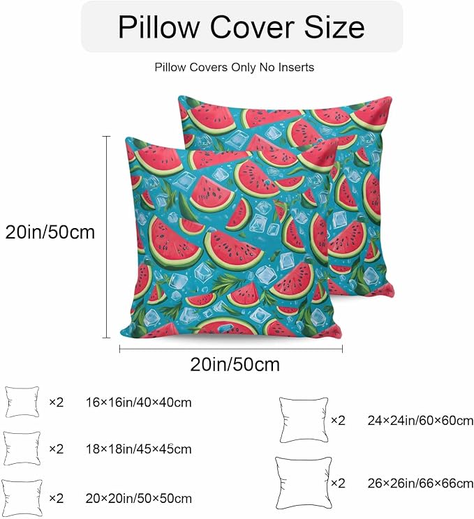 Vandarllin Outdoor Throw Pillows Covers 16x16 inch Set of 2 Waterproof Watermelon Decorative Zippered Cushion Covers for Patio Furniture, Summer Fruit Ice Cubes Lumbar Pillowcases
