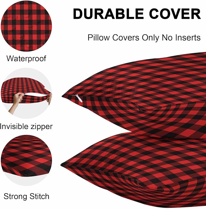 Outdoor Waterproof Throw Pillow Covers Set of 2 Red Buffalo Plaid Lumbar Pillowcases 20x12 Inches Pastoral Black Checked Decorative Pillows Cushion Case Patio Pillows for Couch Bed Chair Garden