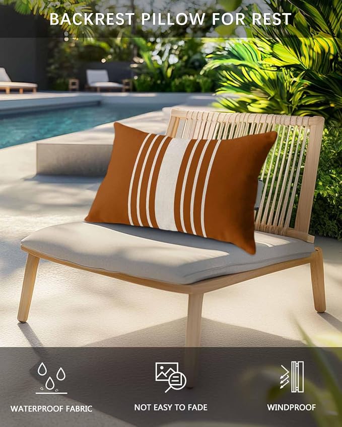 Pack of 2 Outdoor Lumbar Pillow Covers 12x20 Inch, Burnt Orange Beige Striped Waterproof Throw Pillow Covers Set, Modern Farmhouse Retro Lines Indoor&Outdoor Cushion Cases for Patio Porch Beach