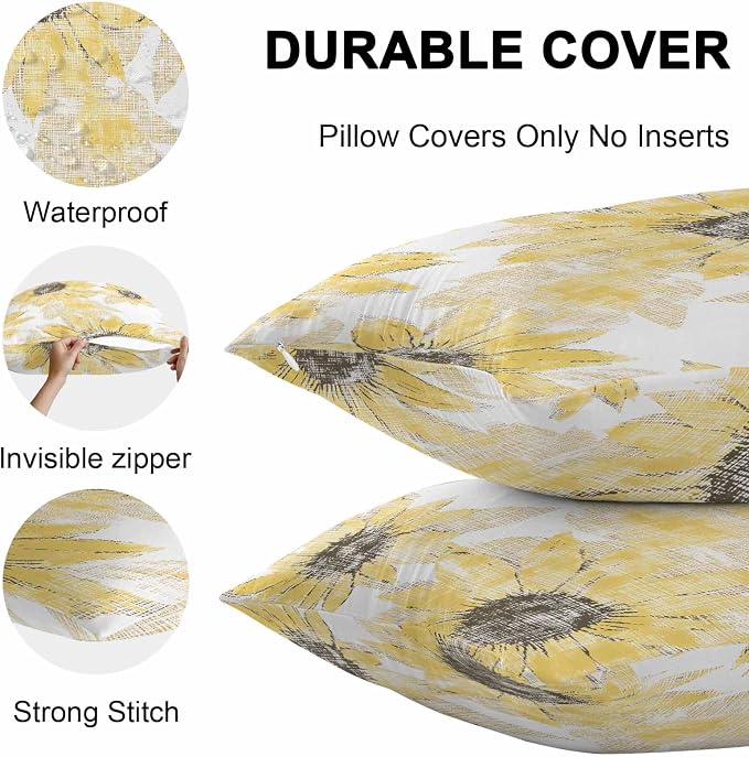 Vandarllin Outdoor Throw Pillows Covers 16x16 inch Set of 2 Waterproof Yellow Sunflower Decorative Zippered Cushion Covers for Patio Furniture, Flower Field Lumbar Pillowcases