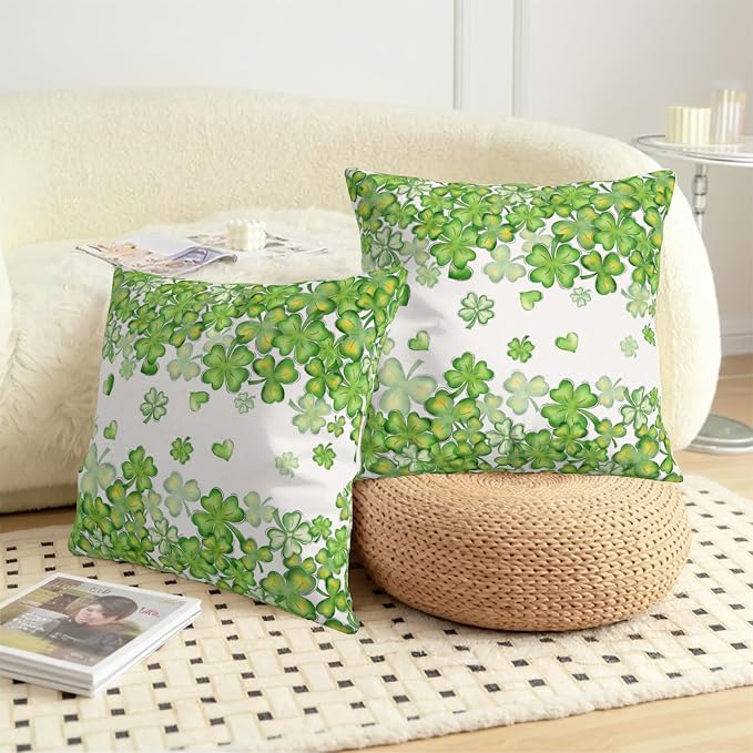 St Patricks Day Pillow Covers Clover Shamrock Throw Pillow Covers 18x18 Set of 2 Lucky Charms Outdoor Pillow Cases St Patricks Decorations for Home Sofa Couch Martch Holiday