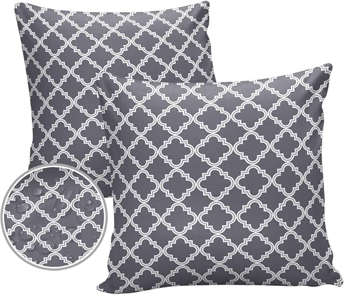 Outdoor Waterproof Pillow Covers for Patio Furniture Moroccan Pattern Decorative Throw Pillow Cover Dark Grey Pillowcases Set of 2 Cushion Case for Sofa Couch Chair Home Decor 16x16 inch