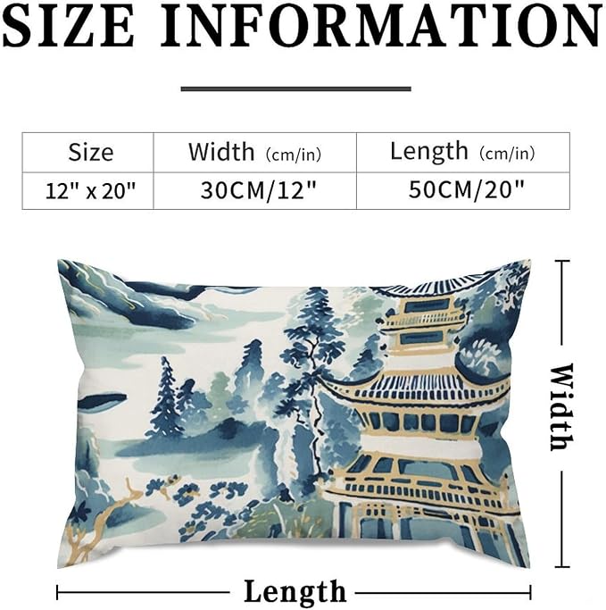 Lumbar Throw Pillow Cover Blue and White Chinoiserie Pagoda Asian Pillows Classic Ming Rain Chinoiserie Pillow Cover Accent Outdoor Garden Decoration for for Couch Sofa 12x20in