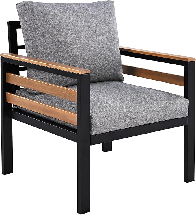 4 Piece Outdoor Furniture Sofa Set for 5 People, Garden Sofa Set with Acacia Wood Armrests and Tabletop, Patio Conversation Set with Removable Cushion and Coffee Table, Grey