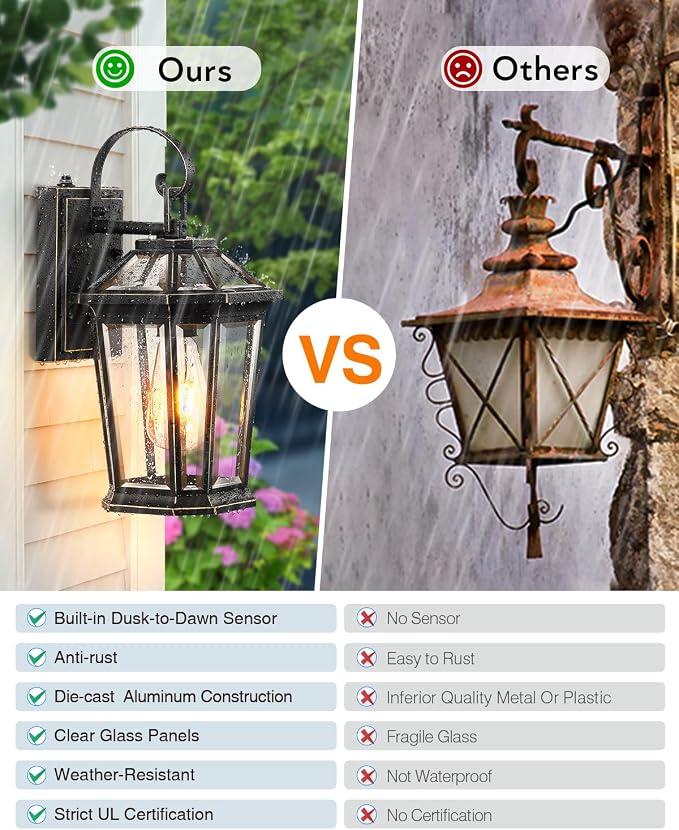 VIANIS Dusk to Dawn Exterior Light Fixture, Waterproof Outdoor Wall Sconce Porch Light for House, 100% Anti-Rust Aluminum Outside House Lights, Farmhouse Coach Lantern for Garage, Front Door 2Pcs