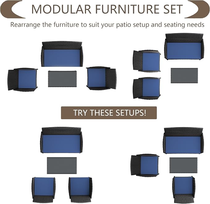 4 Pieces Patio Furniture Set Outdoor Conversation Set Rattan Furniture Set Wicker Chairs and Sofa with Glass Table for Porch Pool Backyard Garden,Navy Blue