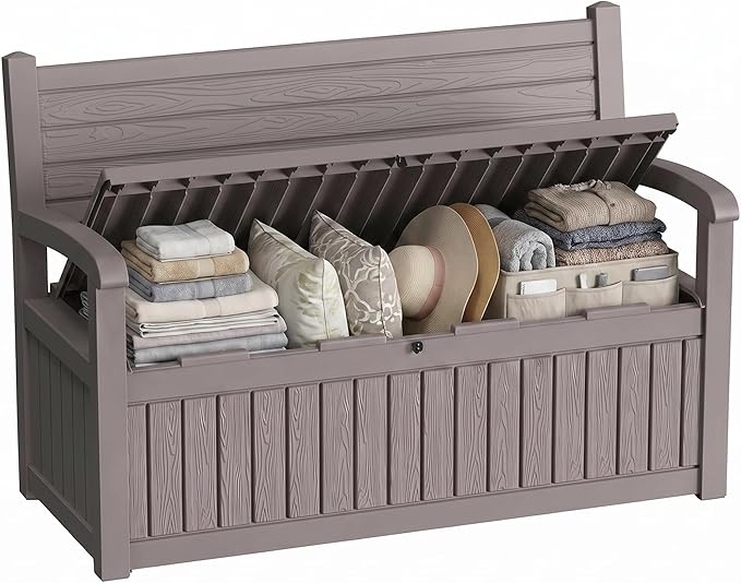 80 Gallon Outdoor Storage Bench Spacious Storage Box Waterproof Resin Deck Box Lockable for Patio, Garden, Livig Room & Outdoor Spaces（Grey）