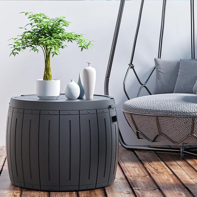 Mrosaa Deck Box Round, Patio Table, Waterproof Outdoor Storage Box for Kid Toys, Patio Furniture, Pool Tools, Outdoor Uses, Sports Equipment, Waterproof and UV Resistant Resin, 27 Gallons Grey