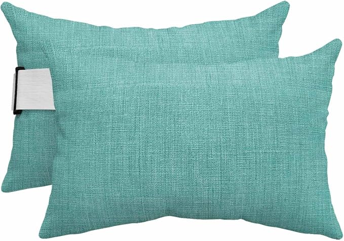 Teal Outdoor Lumbar Pillows 11x16 Set of 2, Farmhouse Burlap Solid Green Color Modern Linen Texture Waterproof Throw Pillow Covers with Insert, Decorative Pillowcase Cushion for Couch Sofa Bed