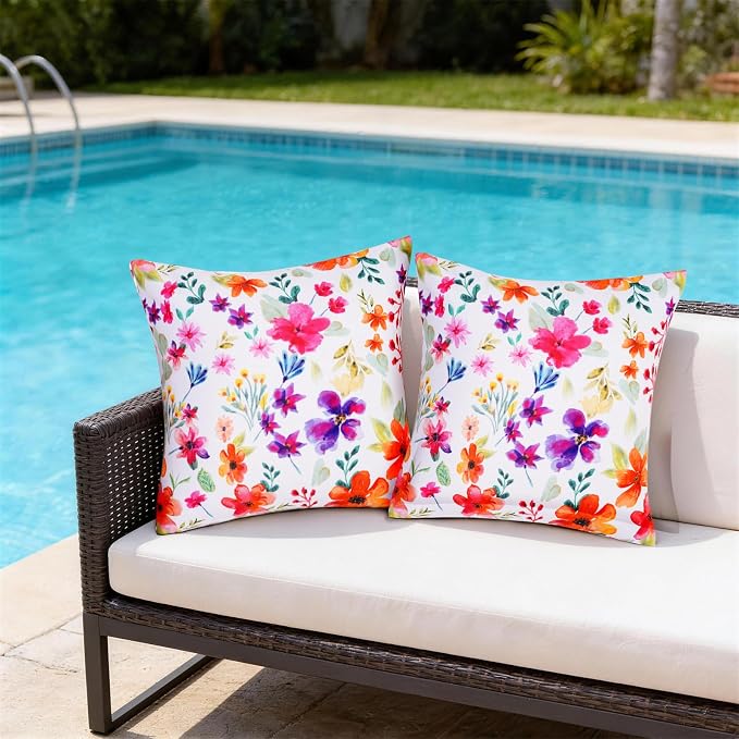 SquarePie Outdoor Pillow Covers 18x18 Inch Set of 2 - Waterproof Colorful Flowers Cushion Covers for Patio Garden Furniture, Watercolor Bloom Floral Decorative Throw Pillow Cases for Couch Sofa Bench