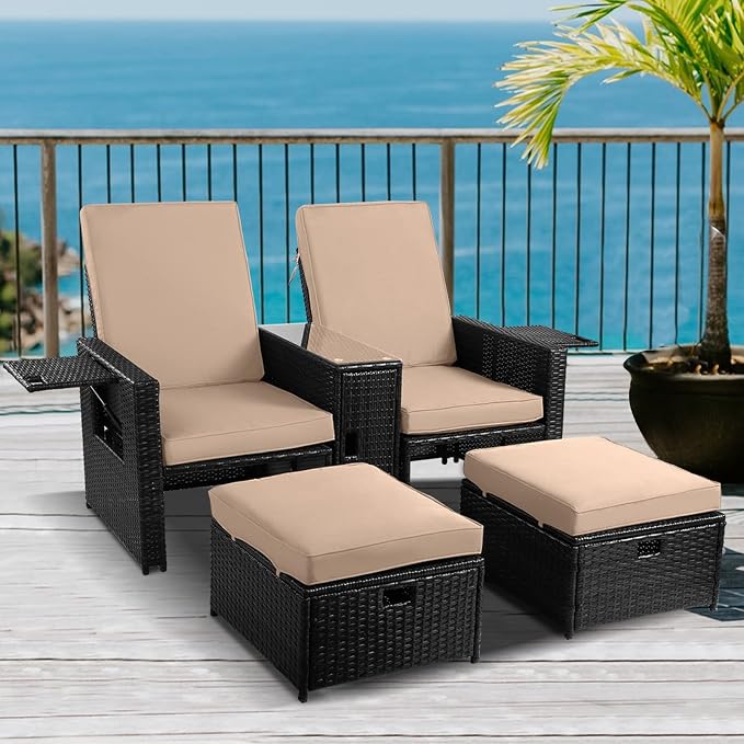 Patio Wicker Loveseat - Outdoor Rattan Sofa Set with Cushion - Adjustable Lounge Chair with Ottoman Footrest, Wicker Furniture for Garden, Patio, Balcony, Beach, Coffee Bar, Deck
