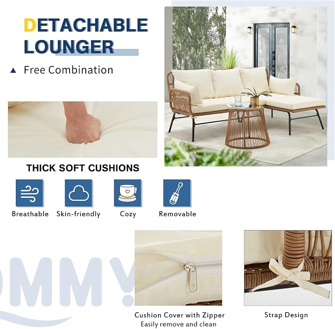 EROMMY 3 Piece Patio Furniture Set, L-Shaped Sectional Conversation Sofa Set with Thick Cushions and Toughened Glass Coffee Table for Backyard Balcony Garden Porch, White