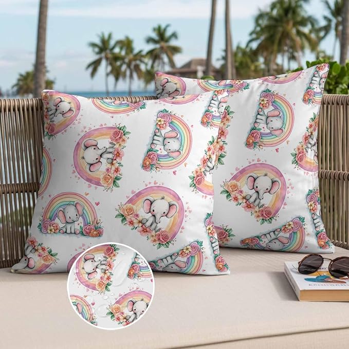Yukro Rainbow Elephant Outdoor Waterproof Pillow Covers Pack of 2, Pink Red Flower Love Watercolor Animal Throw Pillowcases Decorative Cushion Covers for Garden Patio Tent Sofa Couch, 16x16 inch