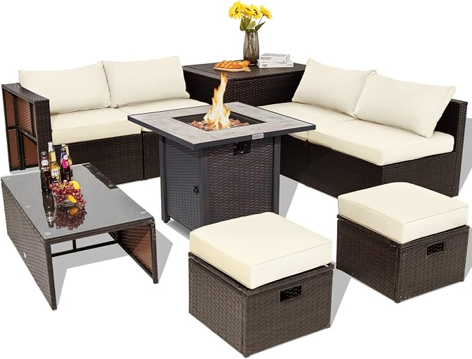 COSTWAY 9 Piece Patio Furniture Set with 30'' Fire Pit Table, Outdoor Wicker Rattan Sectional Sofa Set with 4'' Thickened Cushions, 2 Coffee Tables and 2 Ottomans for Poolside Backyard (Off White)