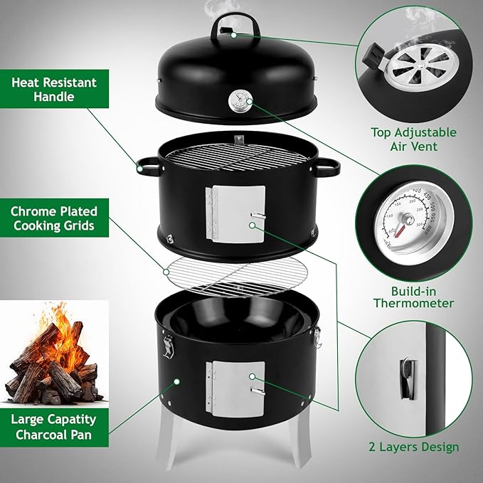 18 Inch Multi-Layer Charcoal BBQ Smoker Grill,Vertical Steel Charcoal Smoker, Heavy Duty Double Layer Round BBQ Grill for Outdoor Cooking, Black