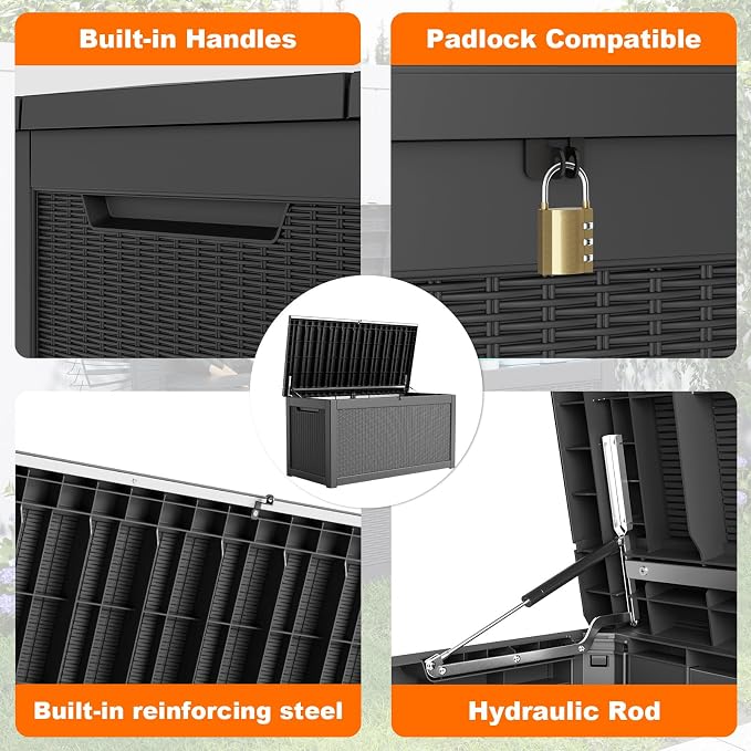 DRATO 320 Gallon Outdoor Storage Box Waterproof, Large Resin Lockable Outdoor Deck Box with Lid, Weatherproof Container for Patio Furniture Cushions, Garden Tools, Pool Accessories (Black, 320 Gallon)