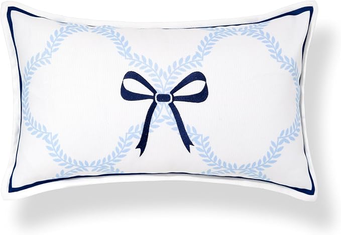 Hofdeco Premium Coastal Hampton Patio Indoor Outdoor Lumbar Pillow Cover Only, 12"x20" Water Repellent for Backyard, Couch, Poolside, Baby Blue Navy Embroidered Ribbon Bow Tie on Leaves
