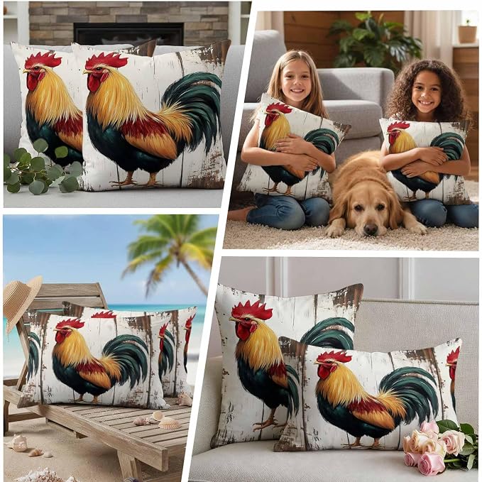 Vintage Rooster Outdoor Waterproof Throw Pillow Covers 18x18 Set of 2, Retro Farmhouse Rooster Watercolor Decorative Pillowcases Cushion Pillowcase for Couch Sofa Patio Outside Pillow Protector