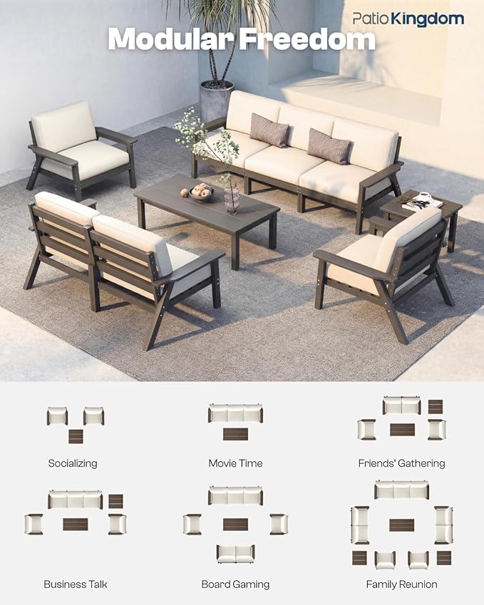 10 Piece Outdoor Patio Furniture Set, Outdoor Couch with Washable Thick Beige Cushions, Coffee Table & Side Table, Patio Conversation Sets for Lawn, Garden, Porch, Balcony (Grey Frame)
