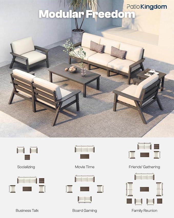 HDPE 7 Piece Patio Furniture Set, HDPE Outdoor Sectional with with Beige Thick Cushions, Coffee Table and Side Table, Patio Conversation Sets for Lawn, Garden, Porch (Grey Frame)